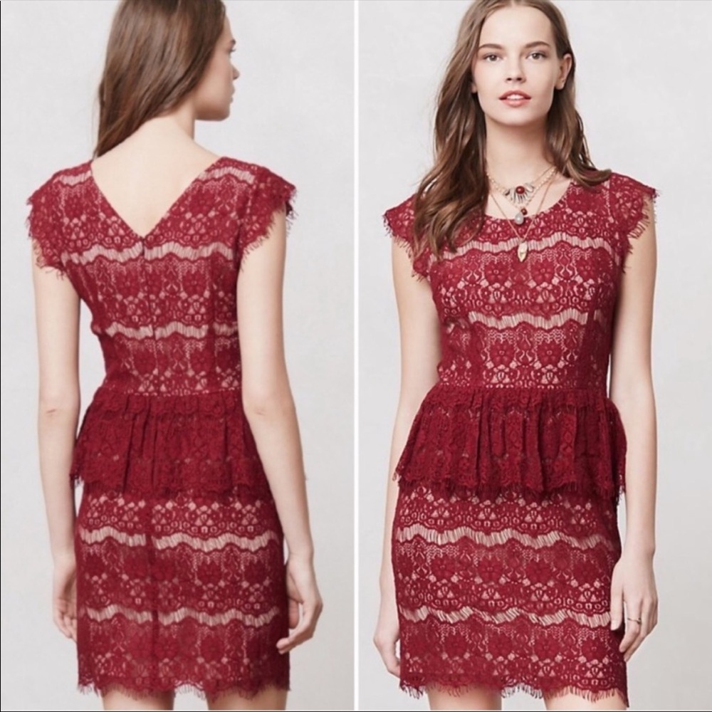 Anthropologie Maeve Wine Lace Elsa peplum dress